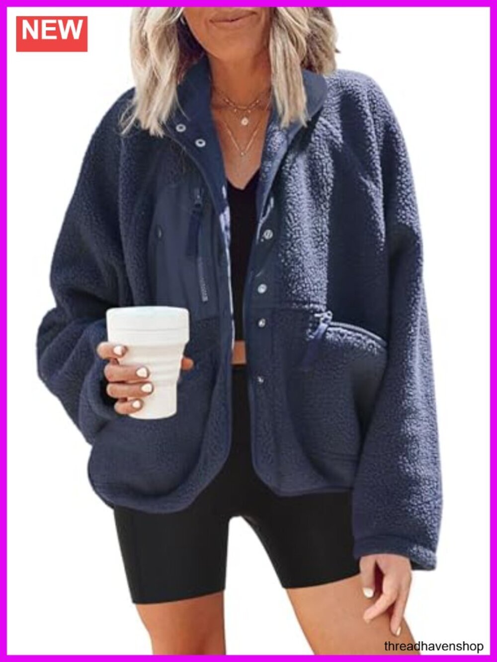 Fuzzy Fleece Button Down Sherpa Jacket with Pockets